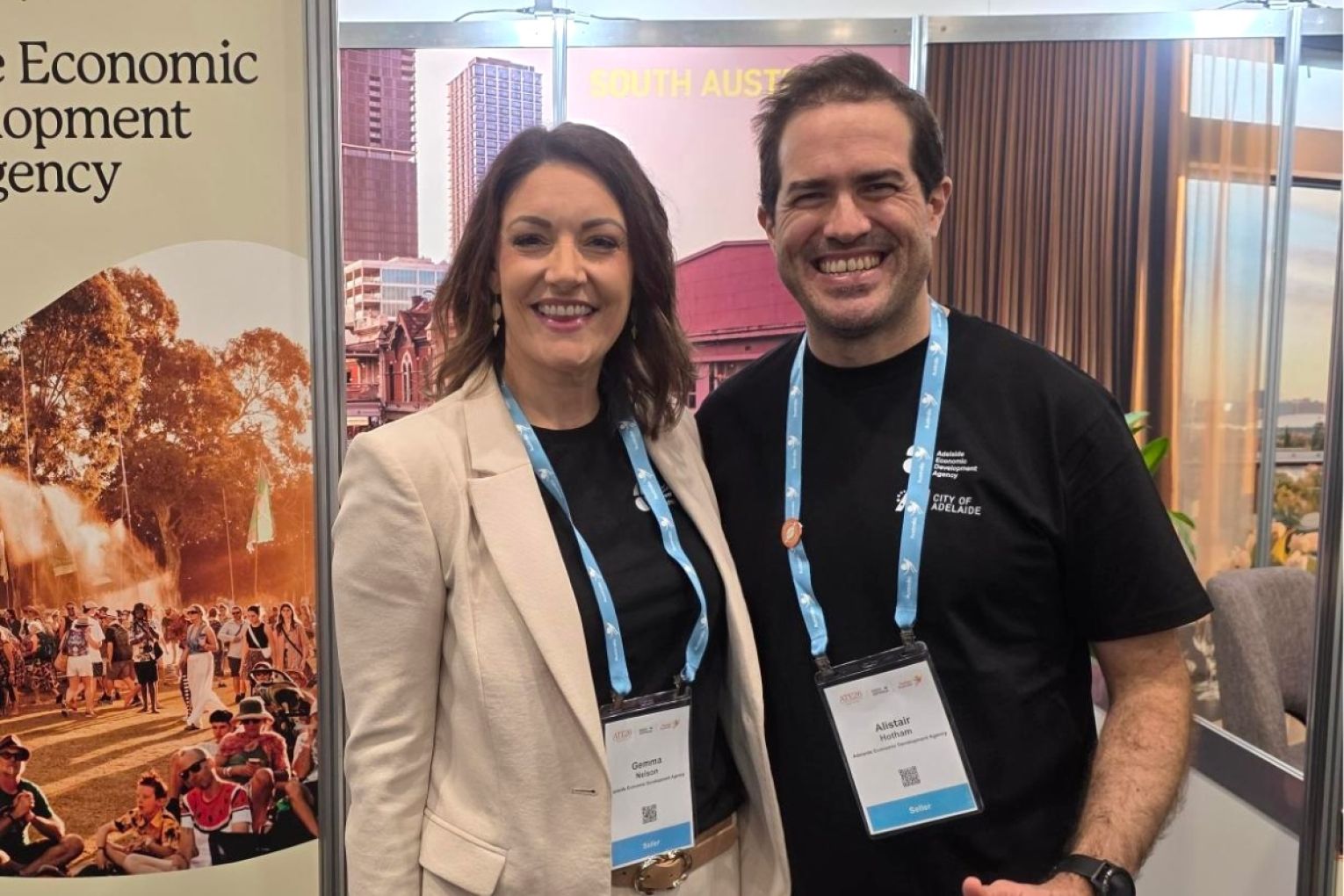 AEDA’s Gemma Nelson with her colleague Alistair Hotham, at Adelaide Economic Development Agency’s Australian Tourism Exchange stand. Photo: Supplied