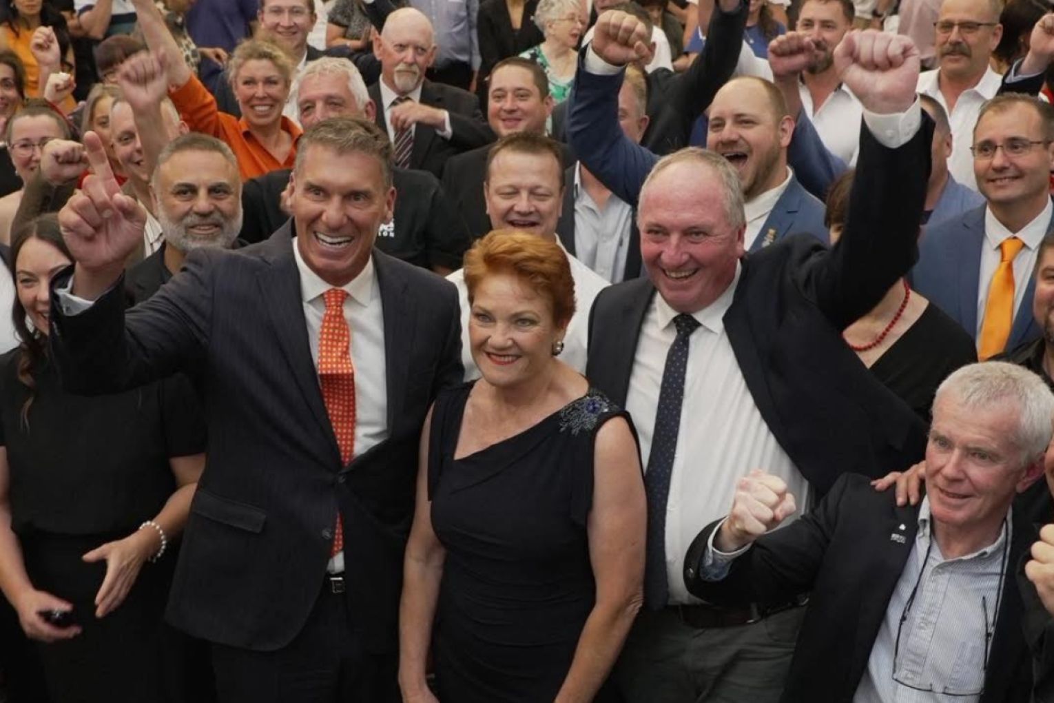One Nation's SA leader Cory Bernardi celebrating during the election count with Pauline Hanson and Barnaby Joyce. Picture: Facebook