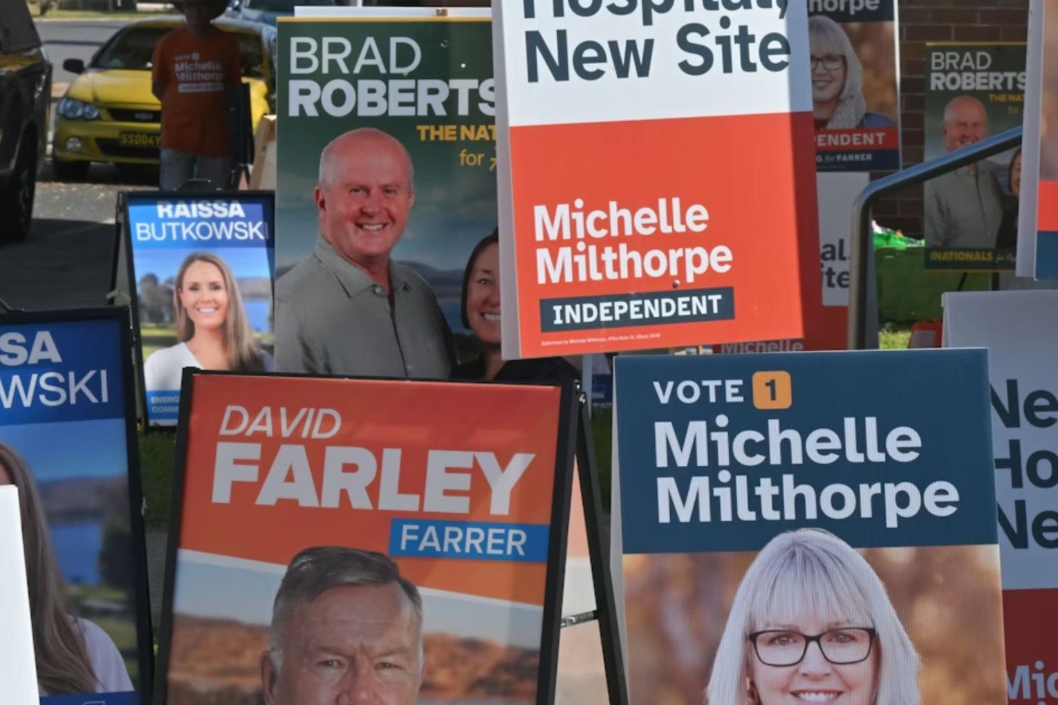 Corflutes are seen at a pre-polling centre in the seat of Farrer ahead of a by-election, Albury, Thursday, April 30, 2026. Picture: Mick Tsikas/AAP