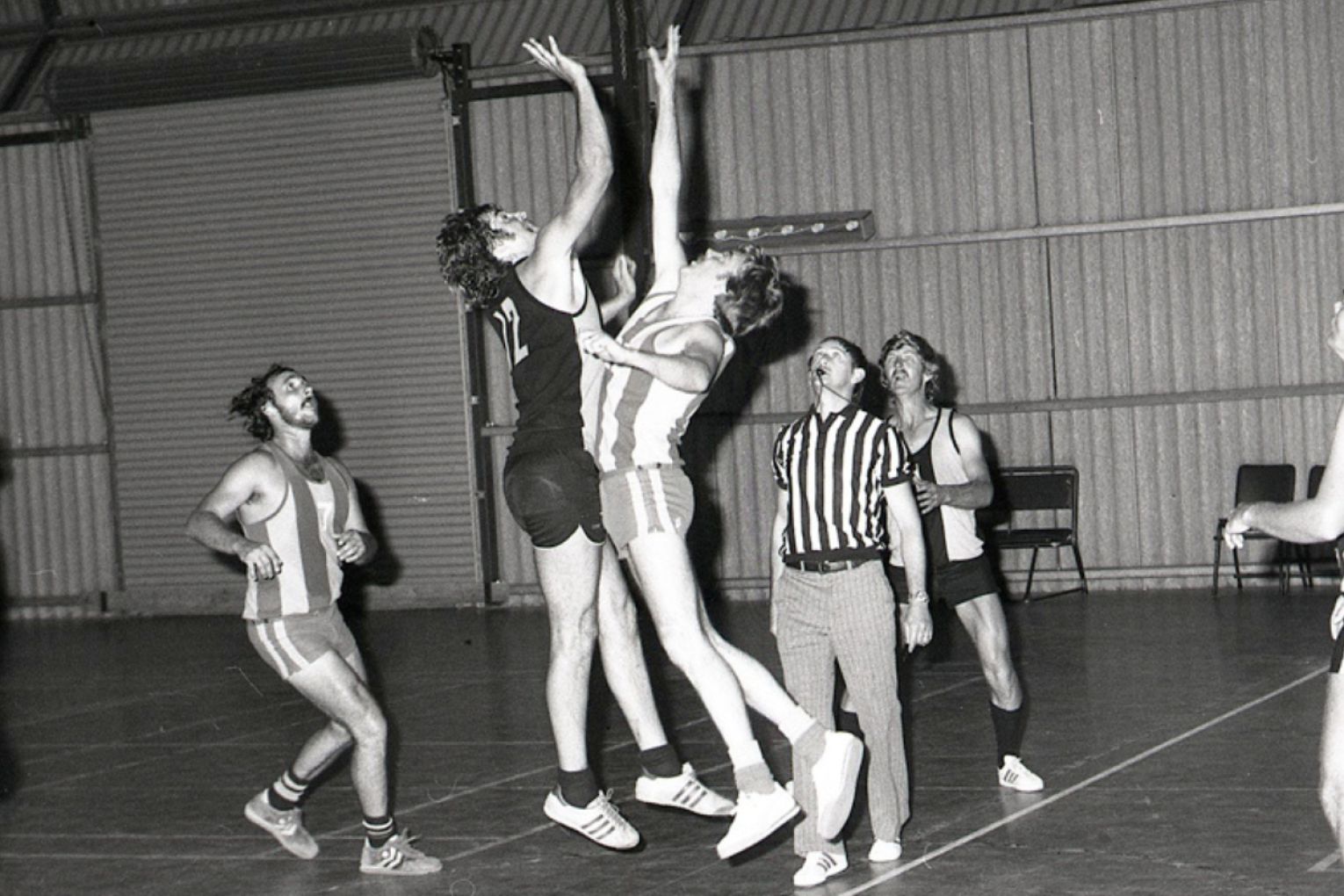 Loxton basketballers battling out a throw up in 1981. Picture: Supplied