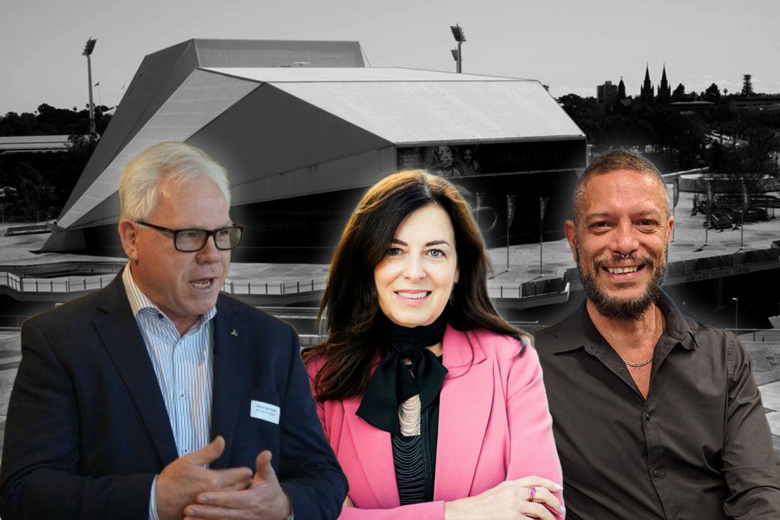 (L–R) Former Mitsubishi Motors CEO Shaun Westcott, Adelaide city councillor Carmel Noon and writer Daniel Browning have been appointed to the Adelaide Festival board.