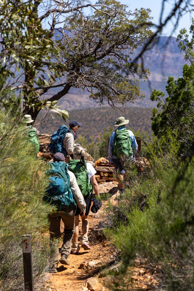 Hikers cross the outer ridge of Ikara-Wilpena Pound, which marks the border into Arkaba Conservancy.