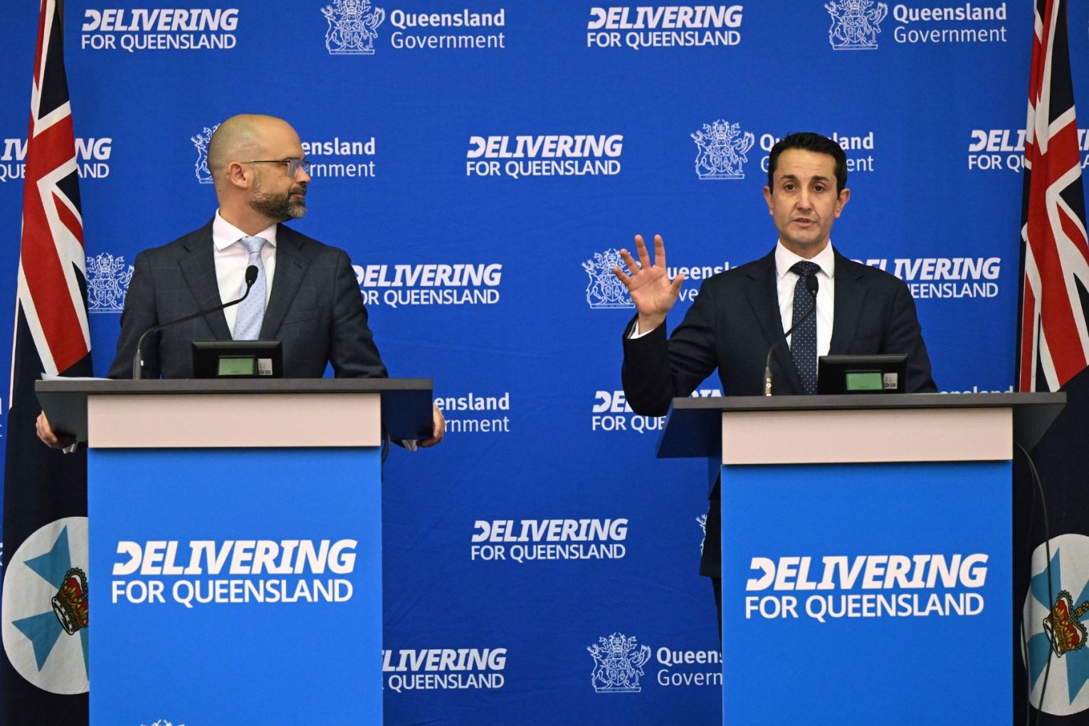 Treasurer David Janetzki and Premier David Crisafulli are talking up their big-spending budget. Picture: Darren England/AAP PHOTOS