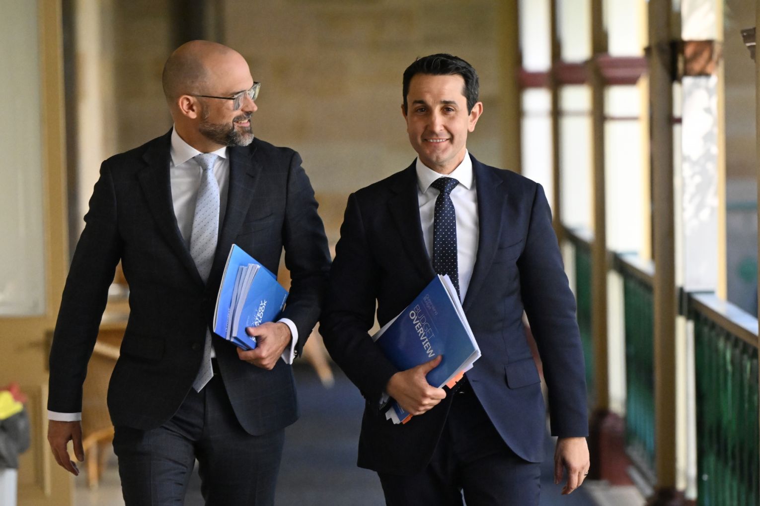 Queensland Treasurer David Janetzki (left) and Premier David Crisafulli say a surplus is in sight. Photo: Darren England/AAP.