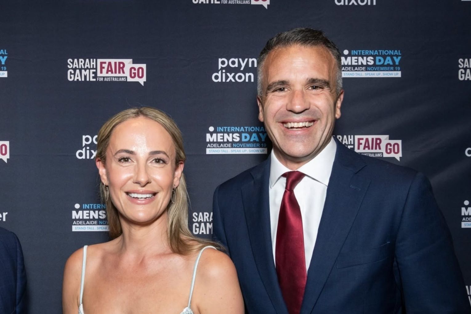 Family First MP Sarah Game and Premier Peter Malinauskas at an International Men's Day event. Photo: Facebook.