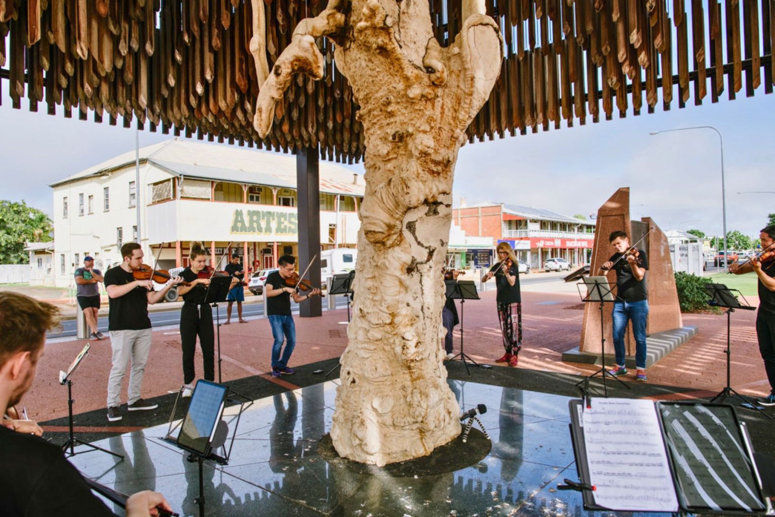 Camerata playing at the Tree of Knowledge in Barcaldine on their regional tour in 2022. Photo: Morgan Roberts