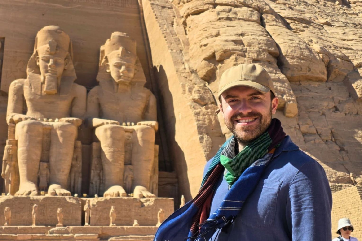Podcaster Tristan Hughes pictured at Abu Simbel in Egypt, is soon to be in Brisbane.