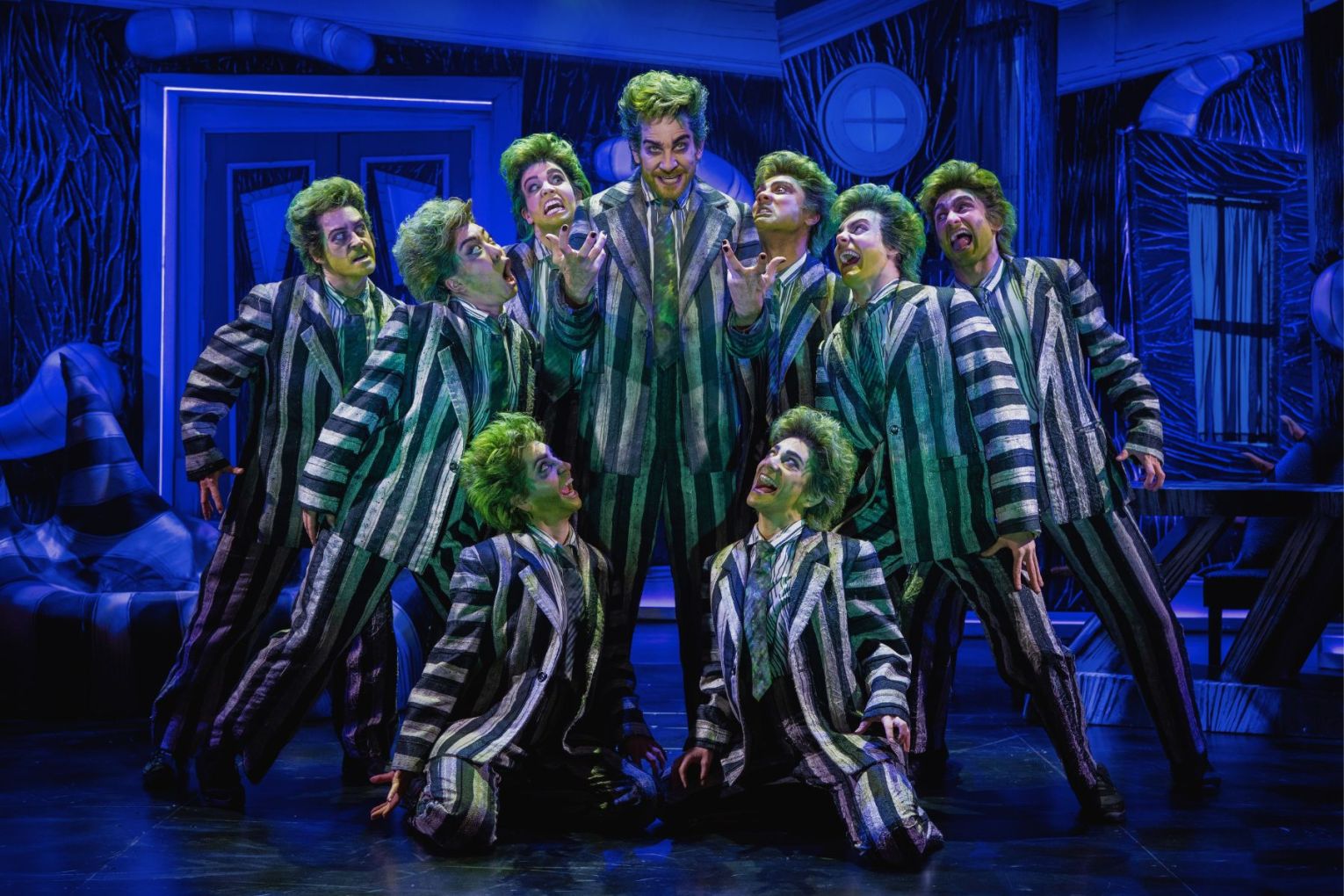 Andy Karl leads the cast in Beetlejuice The Musical, now on at QPAC. Photo: Eugene Hyland