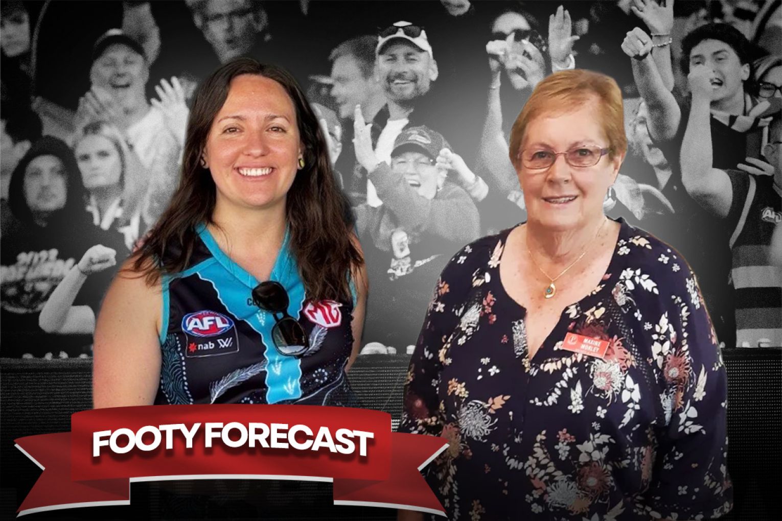 Port Adelaide fan Rachel McDonald and Adelaide Crows supporter Maxine Morley give their predictions. Graphic: Liam McAlister