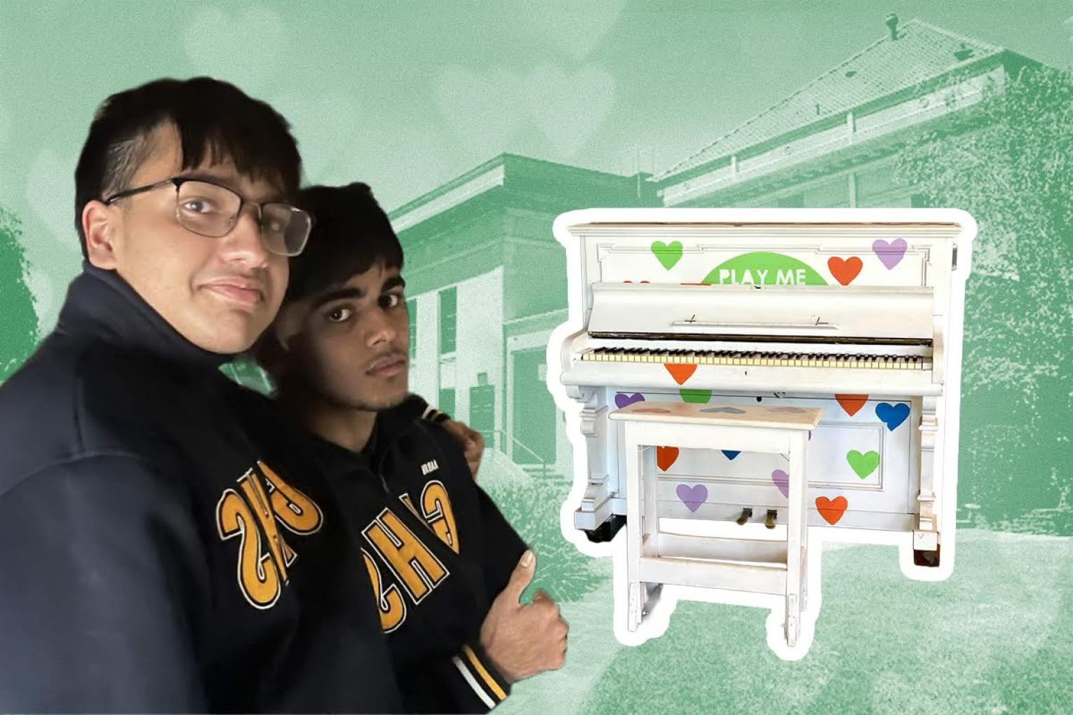 Aarav Jhar and Advait Narke, who launched a campaign to save a Burnside public piano, have received an offer for a free replacement. Image supplied, graphic by Liam McAlister