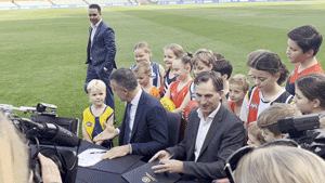 Premier Peter Malinauskas and AFL CEO Andrew Dillon have announced Gather Round will stay in SA until 2029. Photo: Rory Dowdell/InDaily