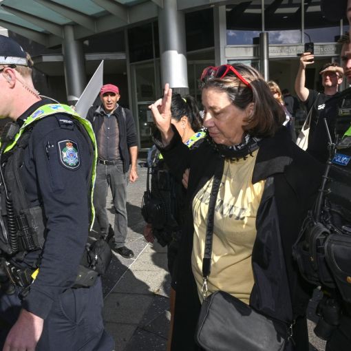Thumbnail for Grandma arrested as flotilla protest escalates outside Brisbane court