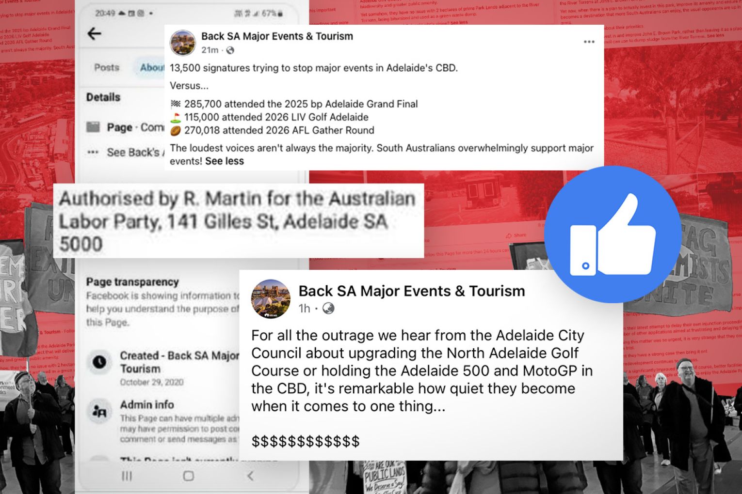 A Facebook page with former links to the Labor Party is stirring up Adelaide Park Lands protesters. Graphic: James Taylor/InDaily