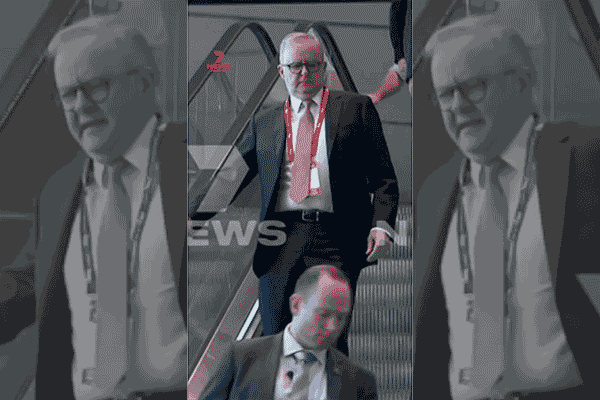 Prime Minister Anthony Albanese took a stumble while descending the escalator at the Adelaide Convention Centre. Video: Channel 7. Gif: James Taylor