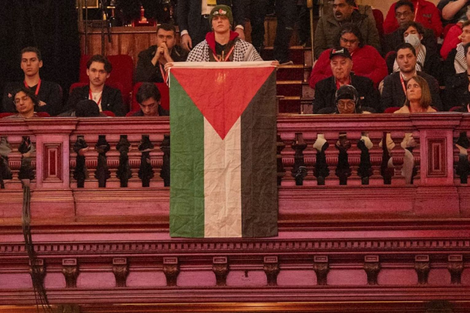 The Albanese government has announced $25 million in aid for Palestine. A party member holds a flag at the NSW party conference. Picture: Jeremy Piper/AAP