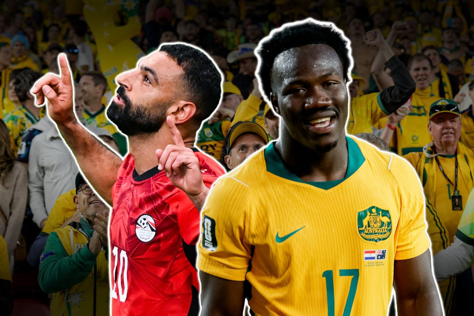 Egypt's captain and star player Mohamed Salah on the left, and Socceroo Nestory Irankunda on the right. Graphic: AAP