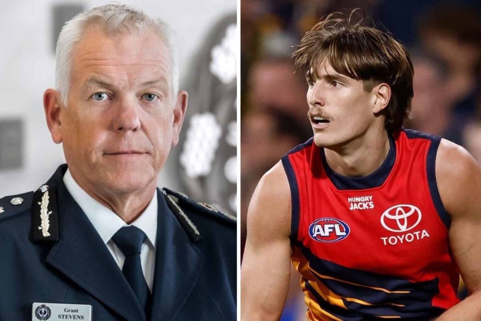 Police Commissioner Grant Stevens (left), who is also on the Crows board says he has not had "any involvement" in the investigation against player Josh Worrell (right).