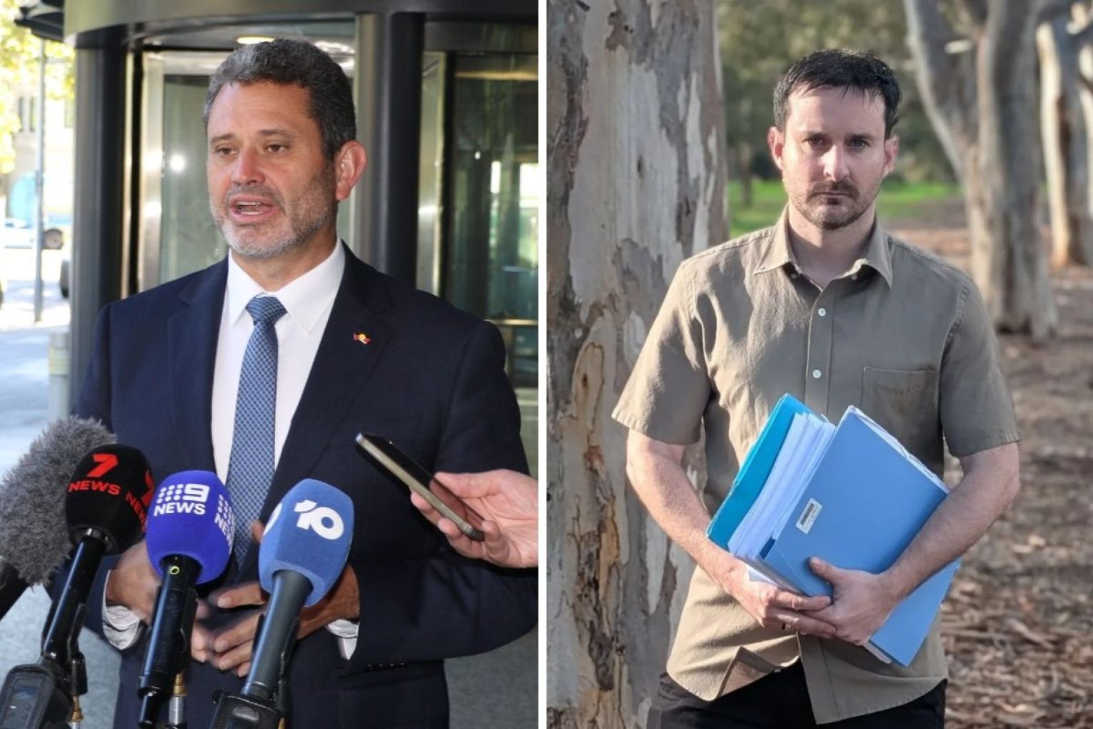 Deputy Premier Kyam Maher (left) has said trees at the golf course have come down in wild weather. Public servant Edwin Kemp Attrill (right) says he has his doubts. Pictures: file. 