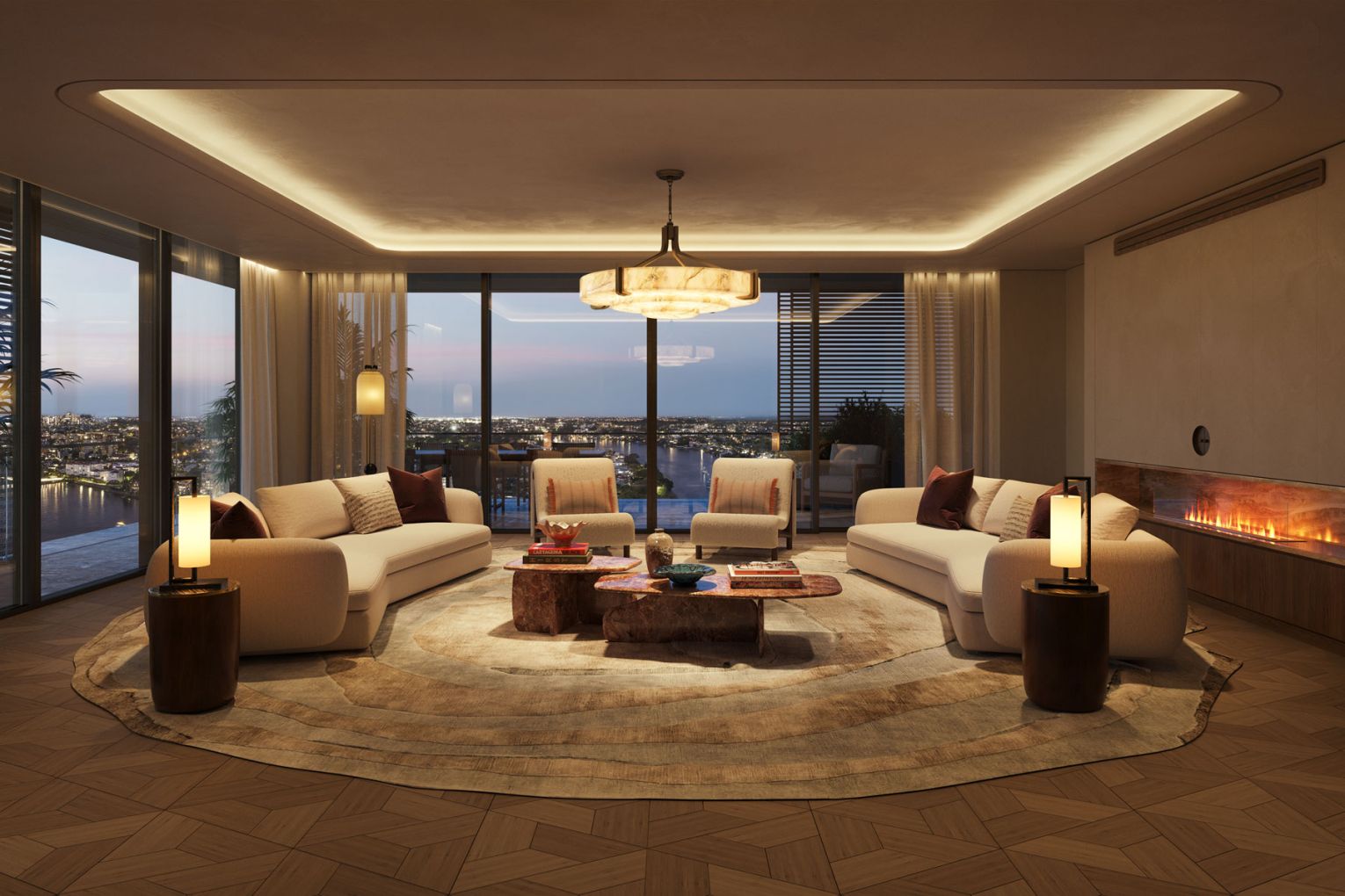 Capella Residences living room at dusk | Image rendered by Verso Projects