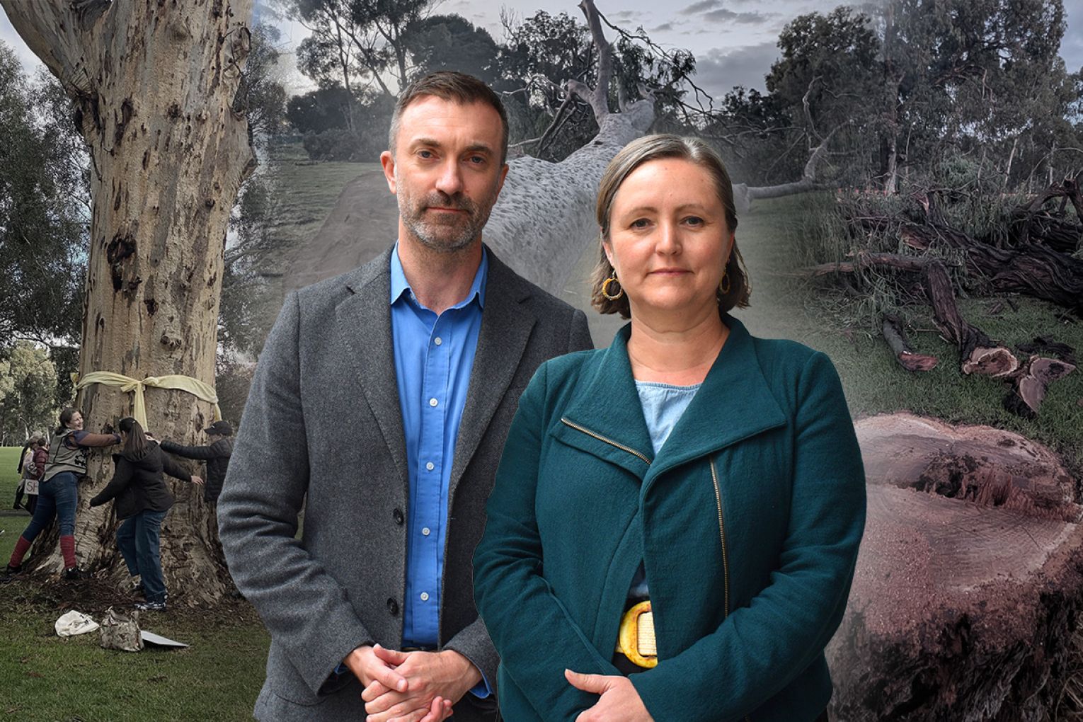Greens MLC Robert Simms and Melanie Selwood. Graphic: James Taylor/InDaily.