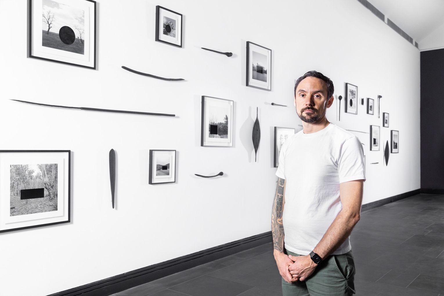 James Tylor with with From an Untouched Landscape, 2026, Art Gallery of South Australia, Adelaide. Photo: Saul Steed / Supplied