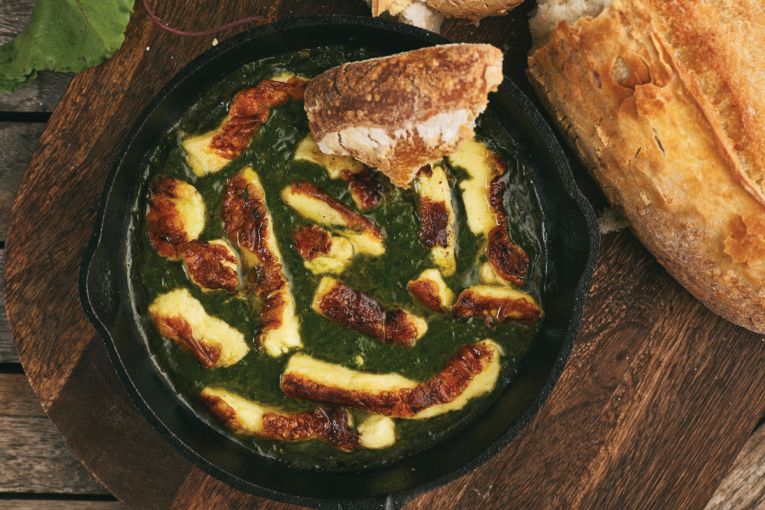 Thumbnail for Pan-fried cheese curds with sauce of Asian greens