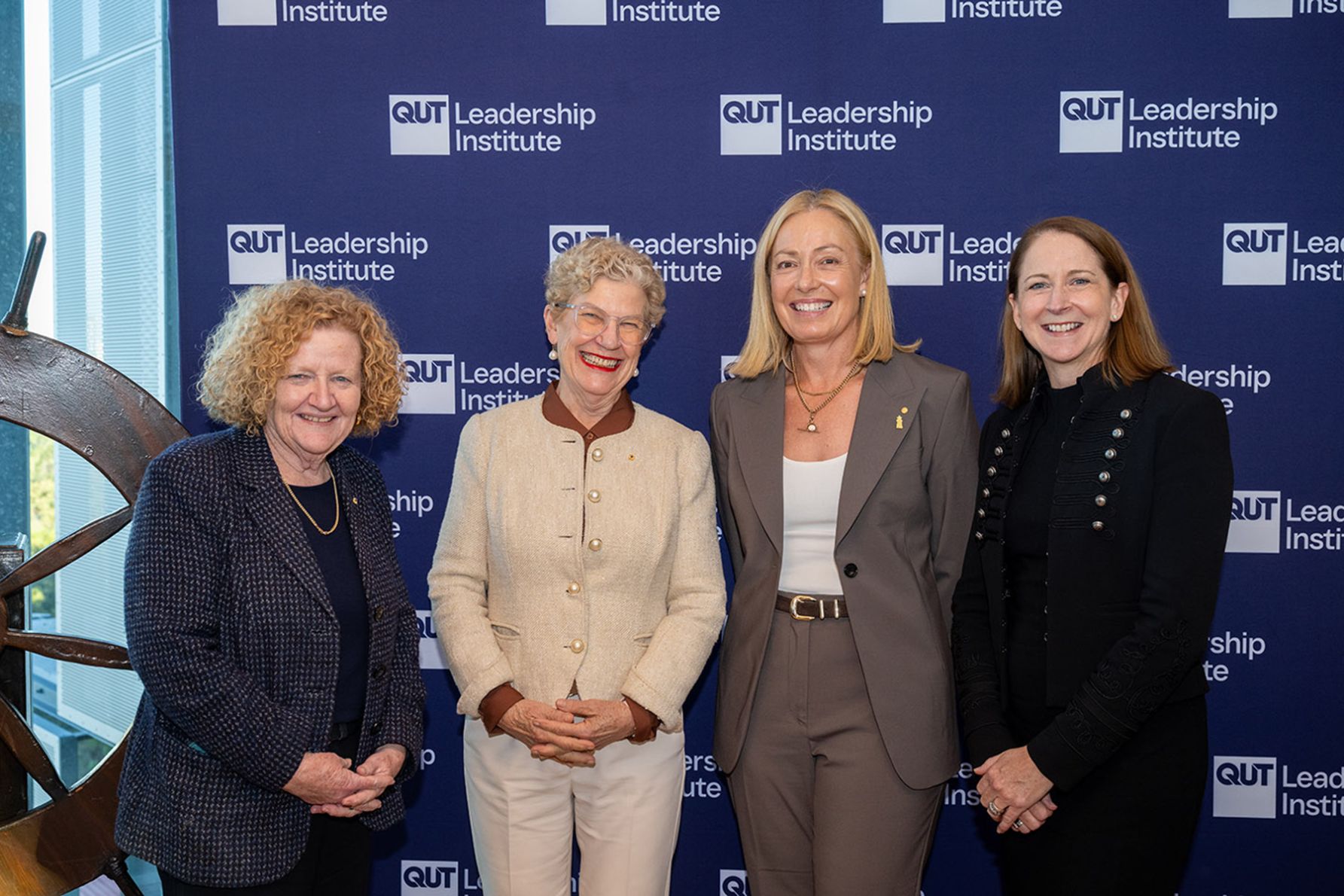 QUT Vice Chancellor Professor Margaret Sheil AO, QUT Chancellor Ann Sherry AO, Professor Sarah Kelly OAM and QUT Leadership Institute co-lead Professor Gene Moyle