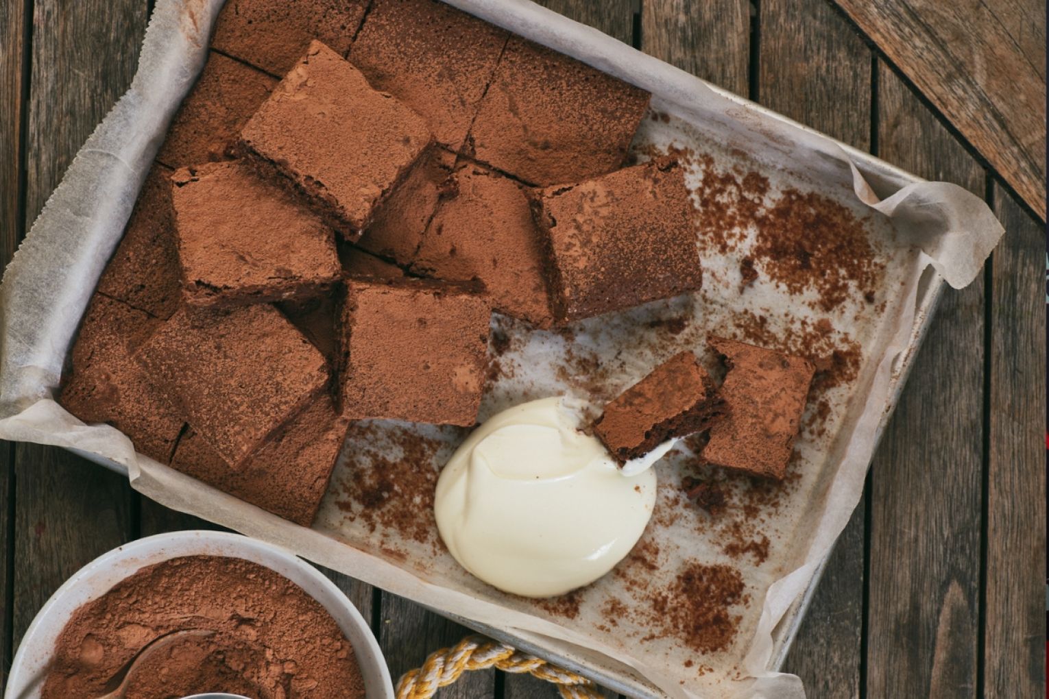 Oat brownies with honey yoghurt.
