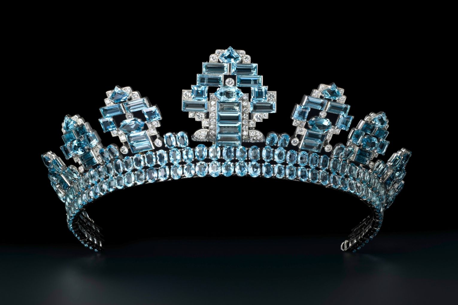 Tiaras like this Cartier London 1937 aquamarine, diamond and platinum tiara can be admired at the Cartier exhibition now on at the NGV International in Melbourne. Photo: Vincent Wulveryck. Cartier Collection © Cartier