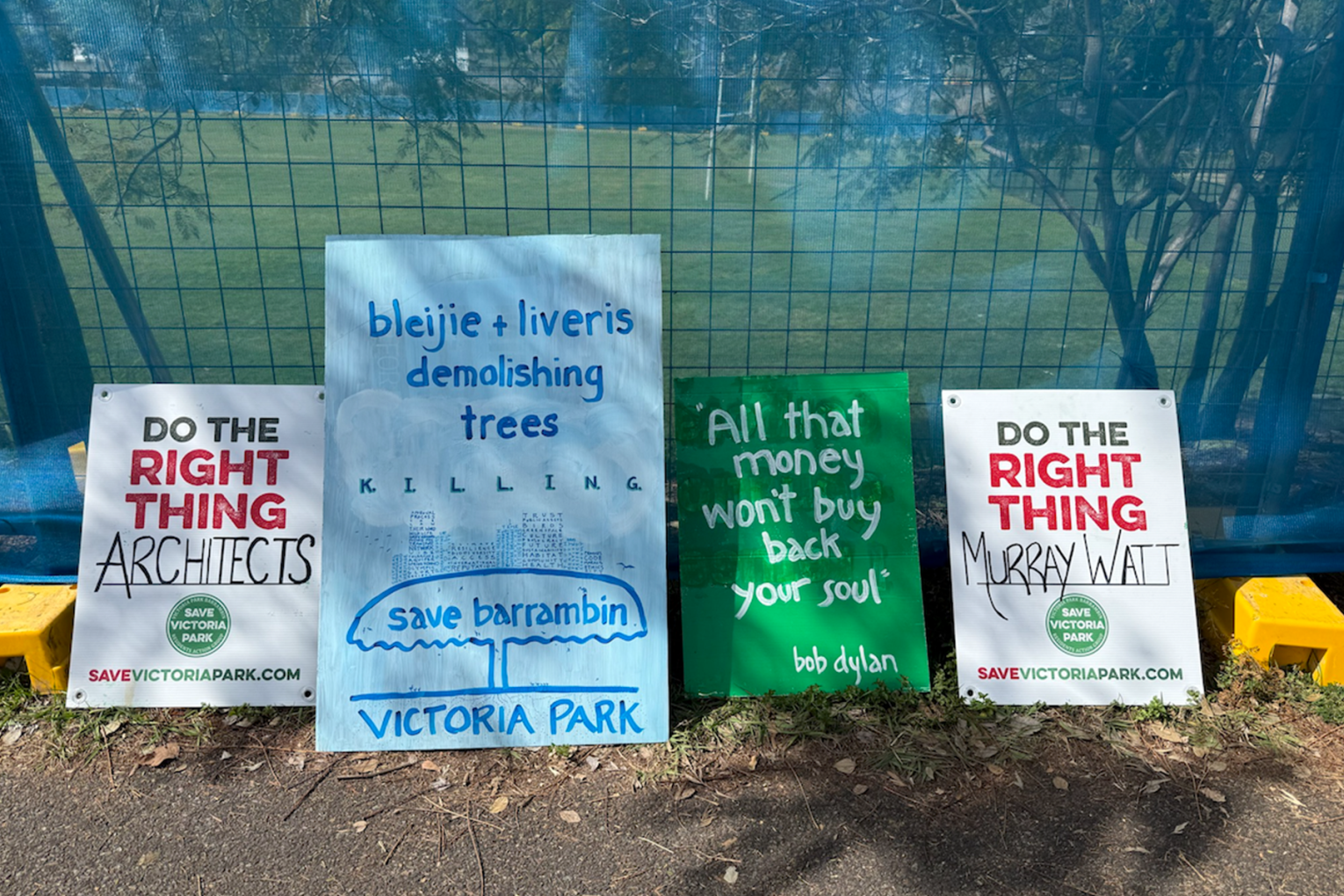 Protest signs at Victoria Park Barrambin 06 August 2026 | Credit: image supplied by Save Victoria Park
