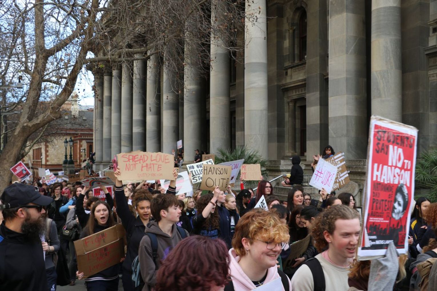 Many hundreds of high school and university students joined a protest today against Pauline Hanson and One Nation. Photo: Charlie Gilchrist/InDaily