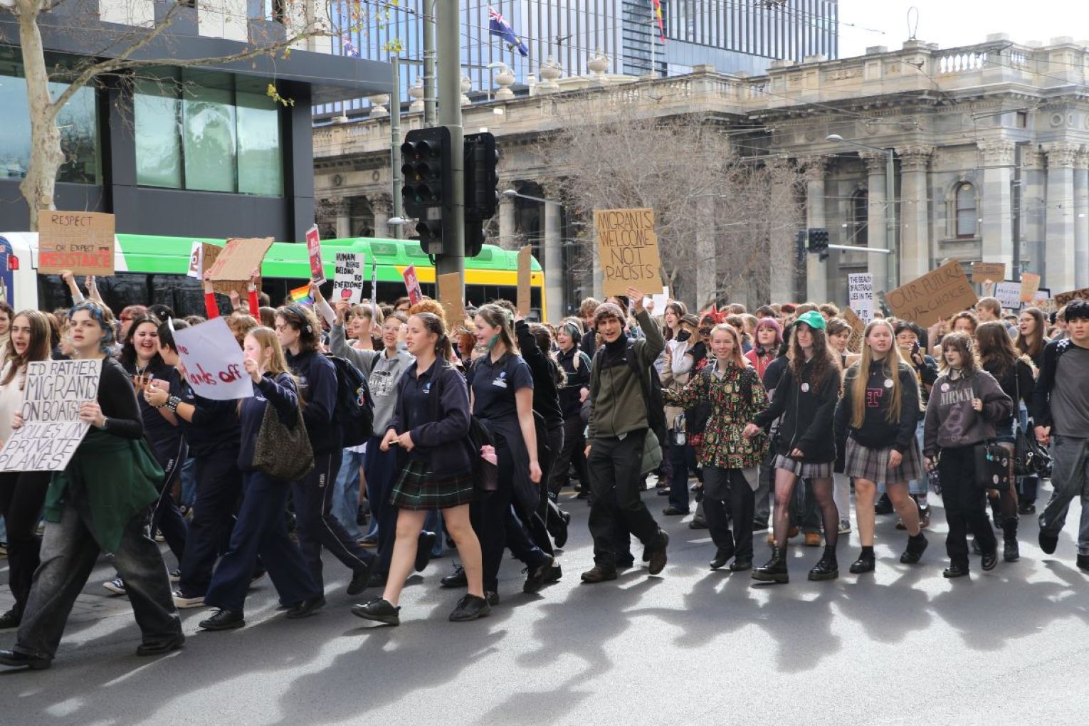 Many hundreds of high school and university students joined a protest today against Pauline Hanson and One Nation. Photo: Charlie Gilchrist/InDaily
