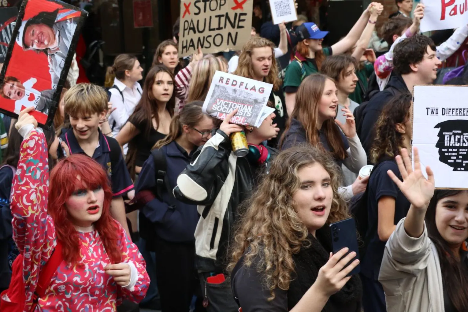 Many hundreds of high school and university students joined a protest today against Pauline Hanson and One Nation. Photo: Charlie Gilchrist/InDaily