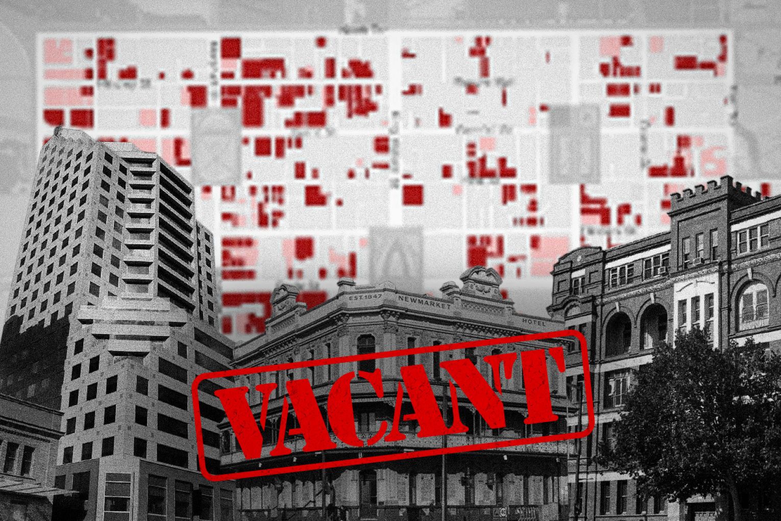 Hundreds of vacant buildings have been mapped across the city as the demand for housing grows. Graphic: Liam McAlister/InDaily