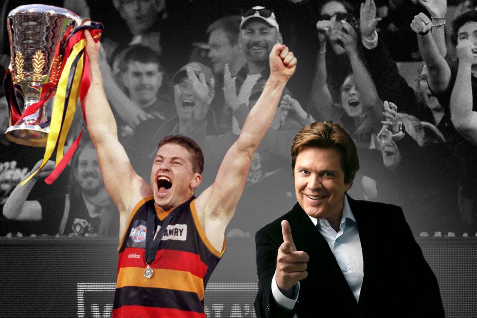 Premiership captain Mark Bickley and Aussie pop star Mark Holden throw their support behind the Crows. Graphic: Liam McAlister/InDaily
