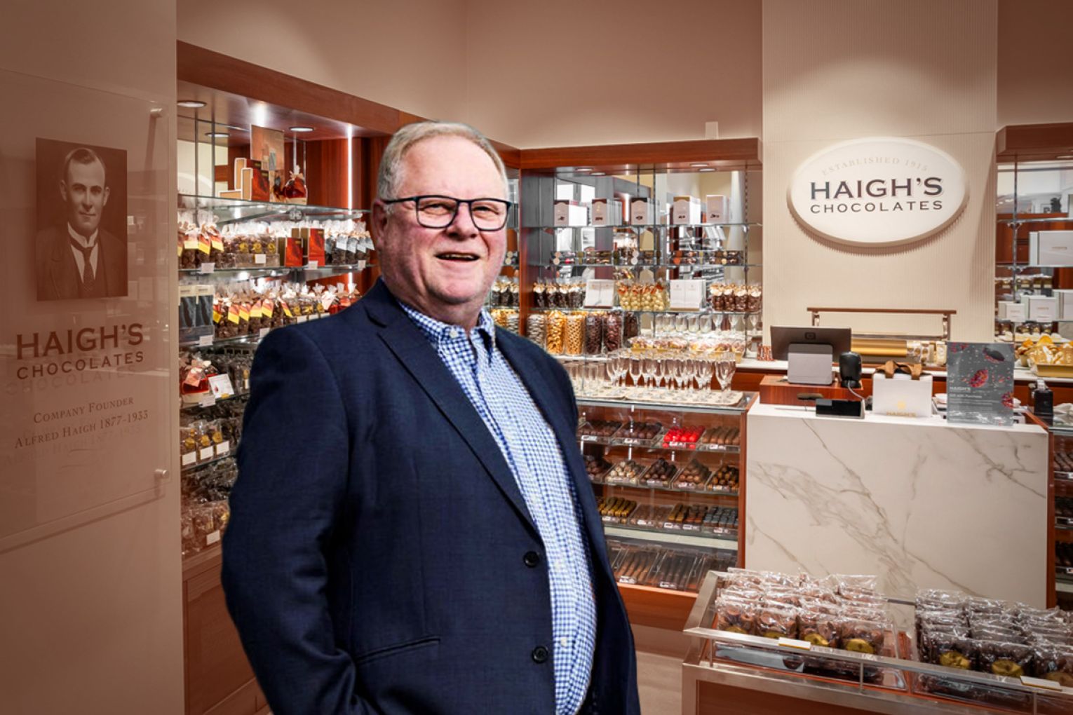 Haigh's managing director Simon Haigh. Pictures: Supplied. Graphic: Liam McAlister/InDaily.