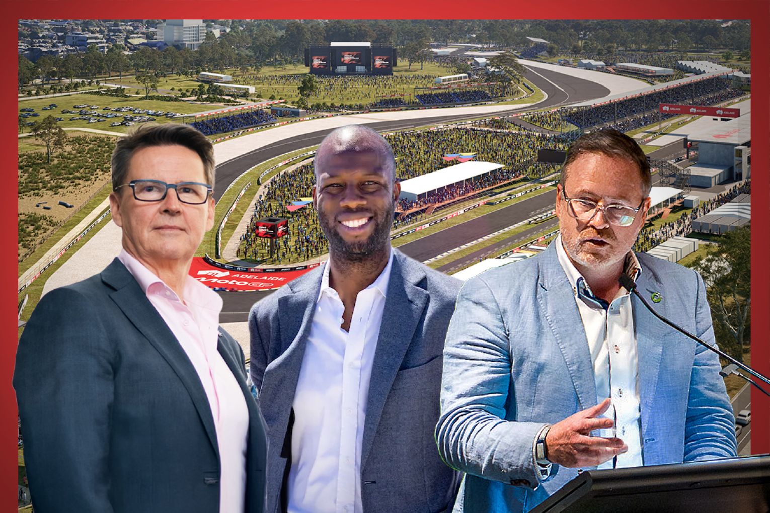 Andrew Kay, Bruce Djite and Sam Dighton have all publicly thrown their support behind MotoGP. Graphic: Liam McAlister/InDaily.