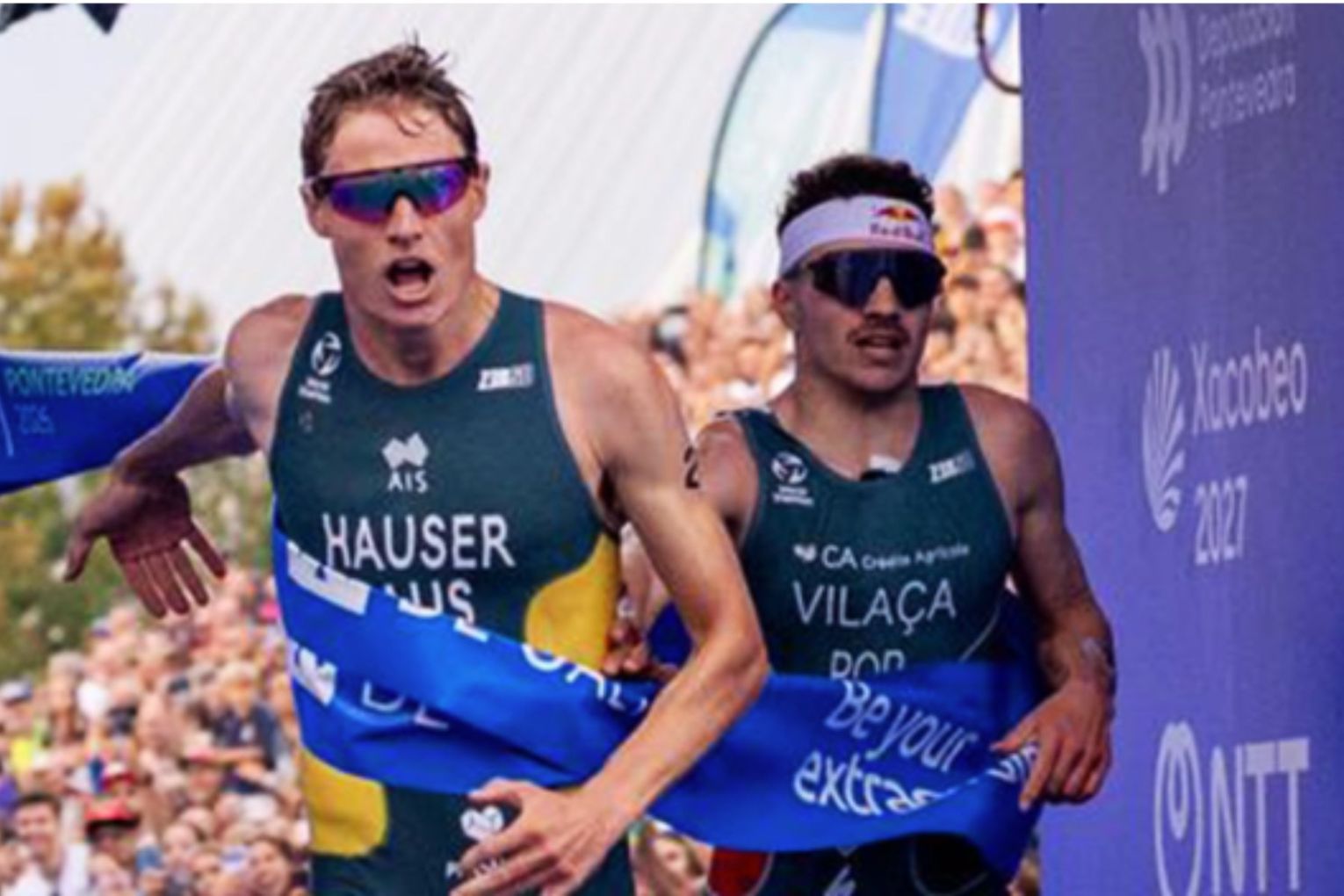 Australian Matt Hauser wins the world championship triathlon series final in an epic photo-finish. Picture: via Instagram