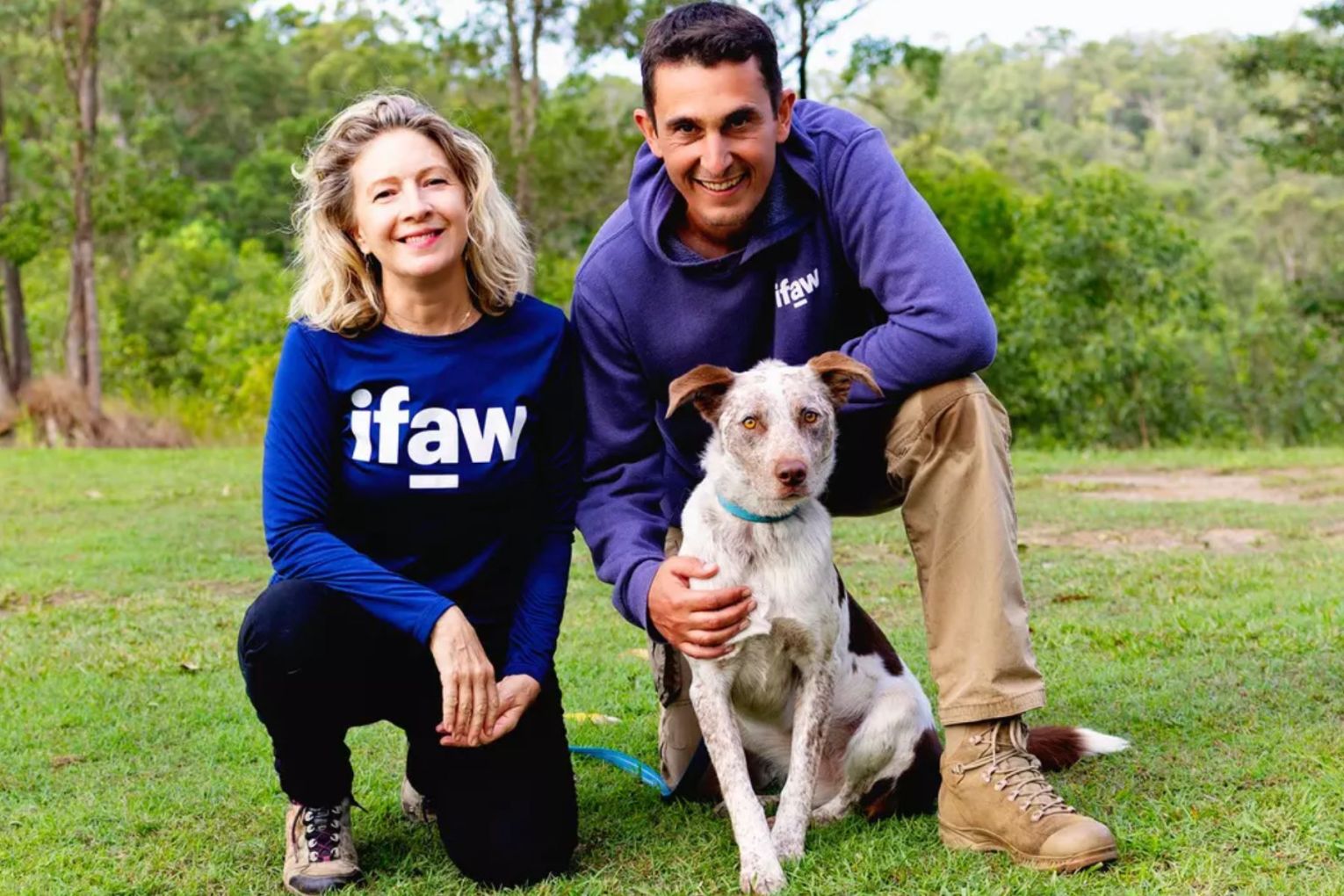 IFAW's Josey Sharrad and Frederic Chappee with Oaka, who is being trained as a potential new koala detection dog. Picture: Suzanne Pearson / © IFAW