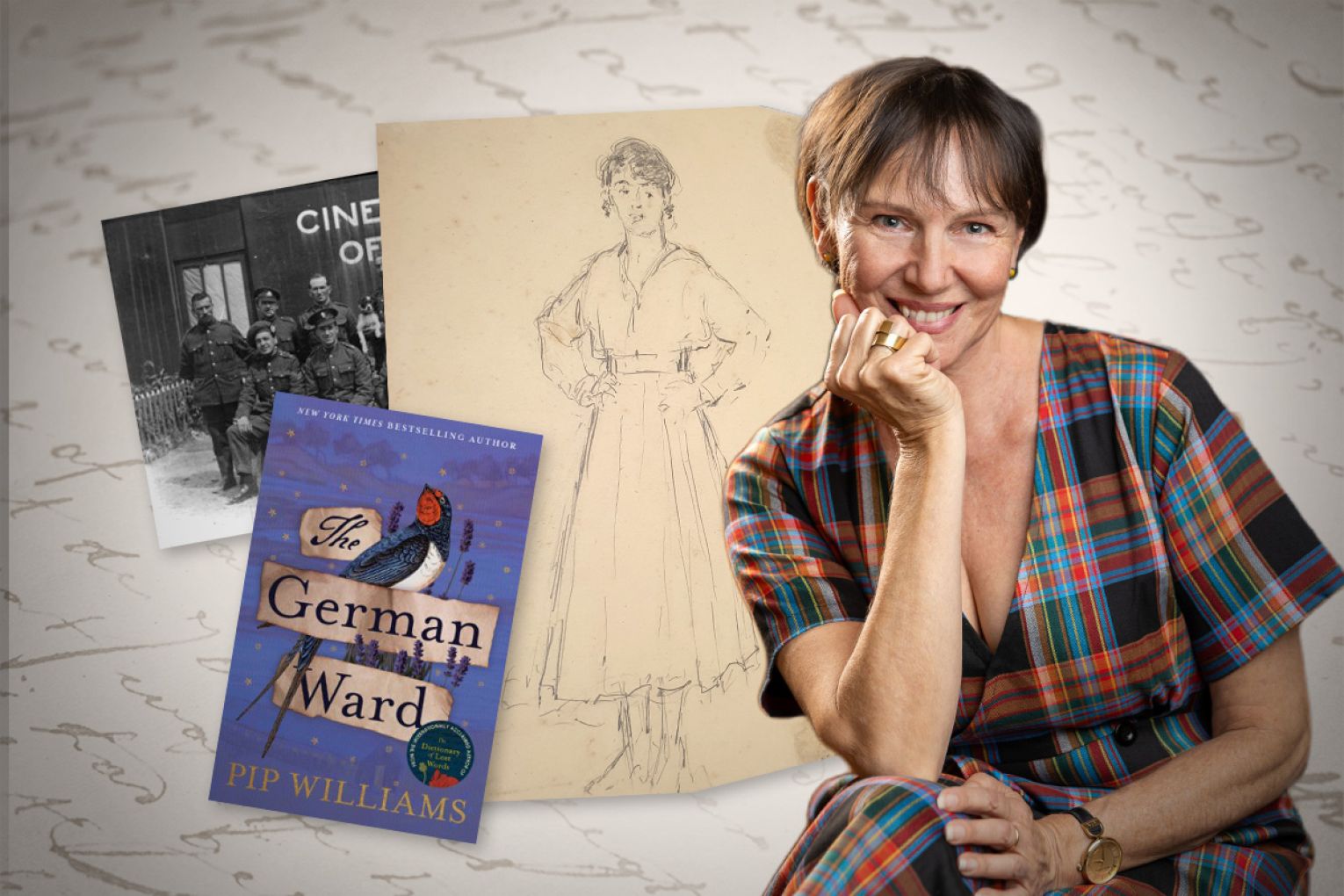 A sketch of an unnamed woman in the Australian War Memorial archives inspired Pip Williams latest historical epic. Author portrait: Ben Kelly
