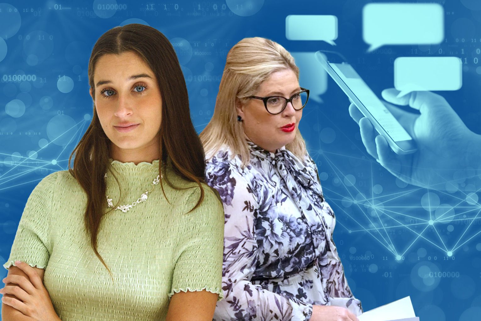 Teach Us Consent CEO Chanel Contos and Minister for Women Katrine Hildyard will host an event in Adelaide today tackling online misogyny. Graphic: James Taylor/InDaily.