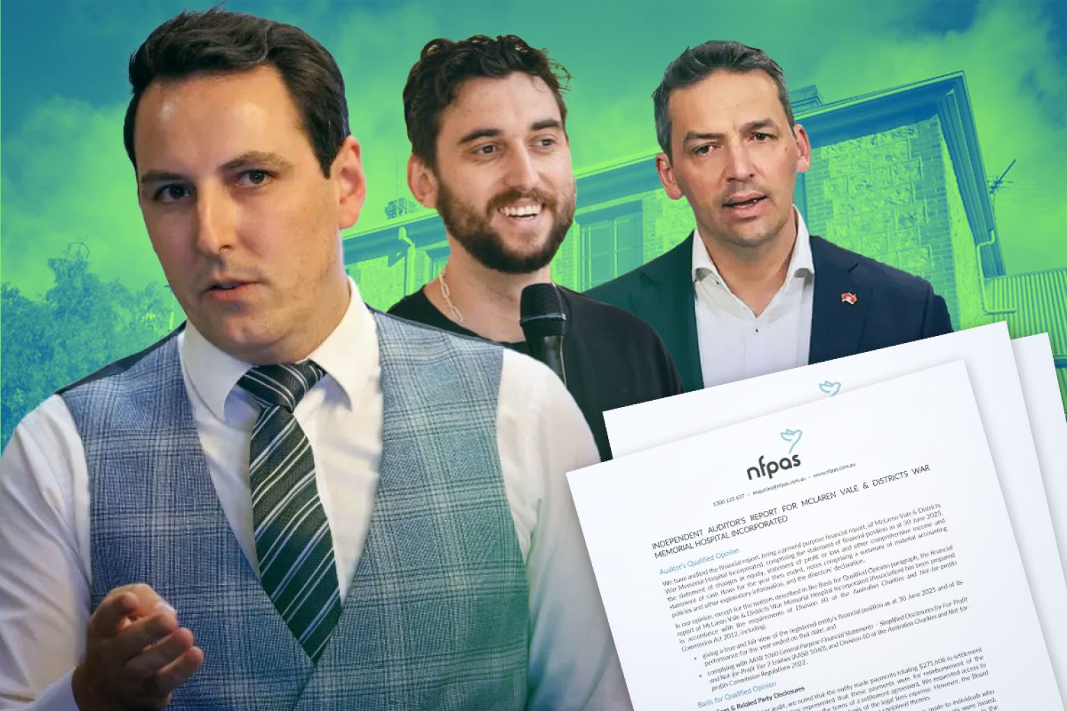 Henry Davis and George Mamalis are both on the board of the hospital that Health Minister Blair Boyer is demanding repay nearly $1 million in taxpayer funds. Graphic: James Taylor/InDaily.