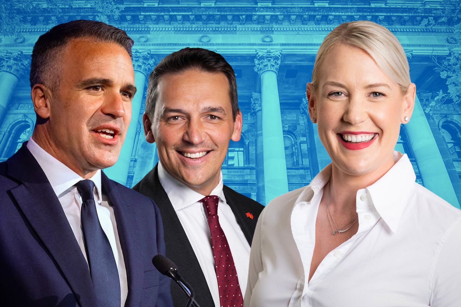 Premier Peter Malinauskas, Health Minister Blair Boyer and Opposition Leader Ashton Hurn. Graphic: James Taylor