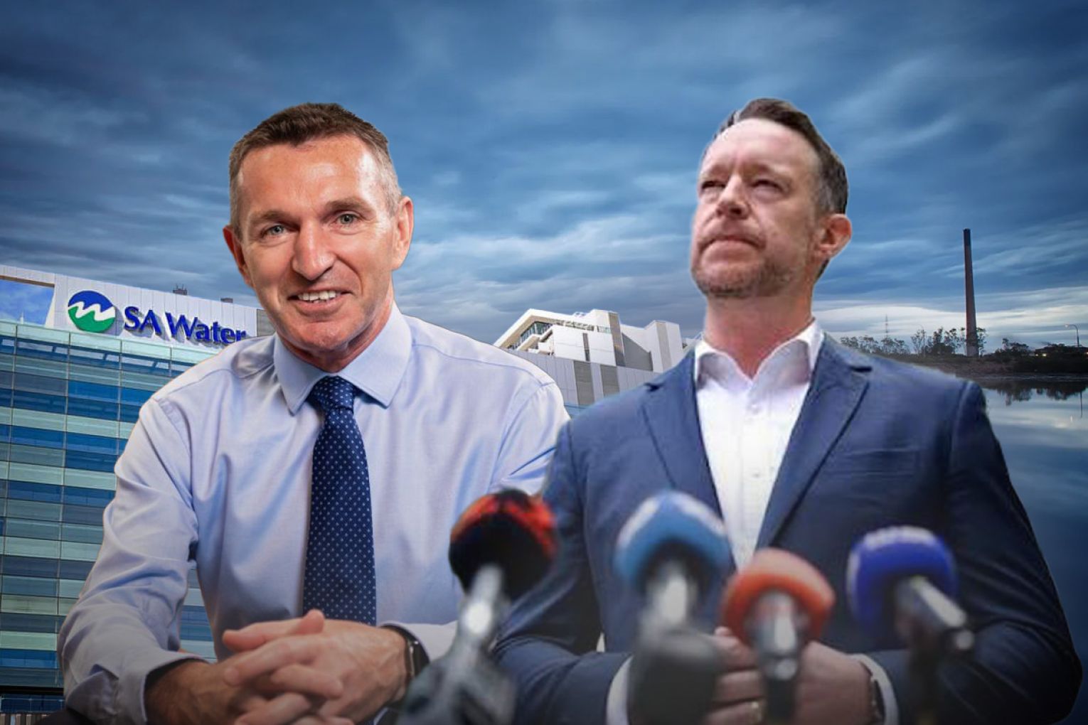 SA Water Chief Executive David Ryan and Liberal MLC Ben Hood. Graphic: James Taylor/InDaily