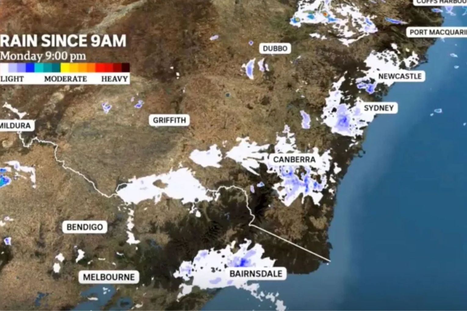 Bogong moth swarms appear as rain on the weather radar on Monday.