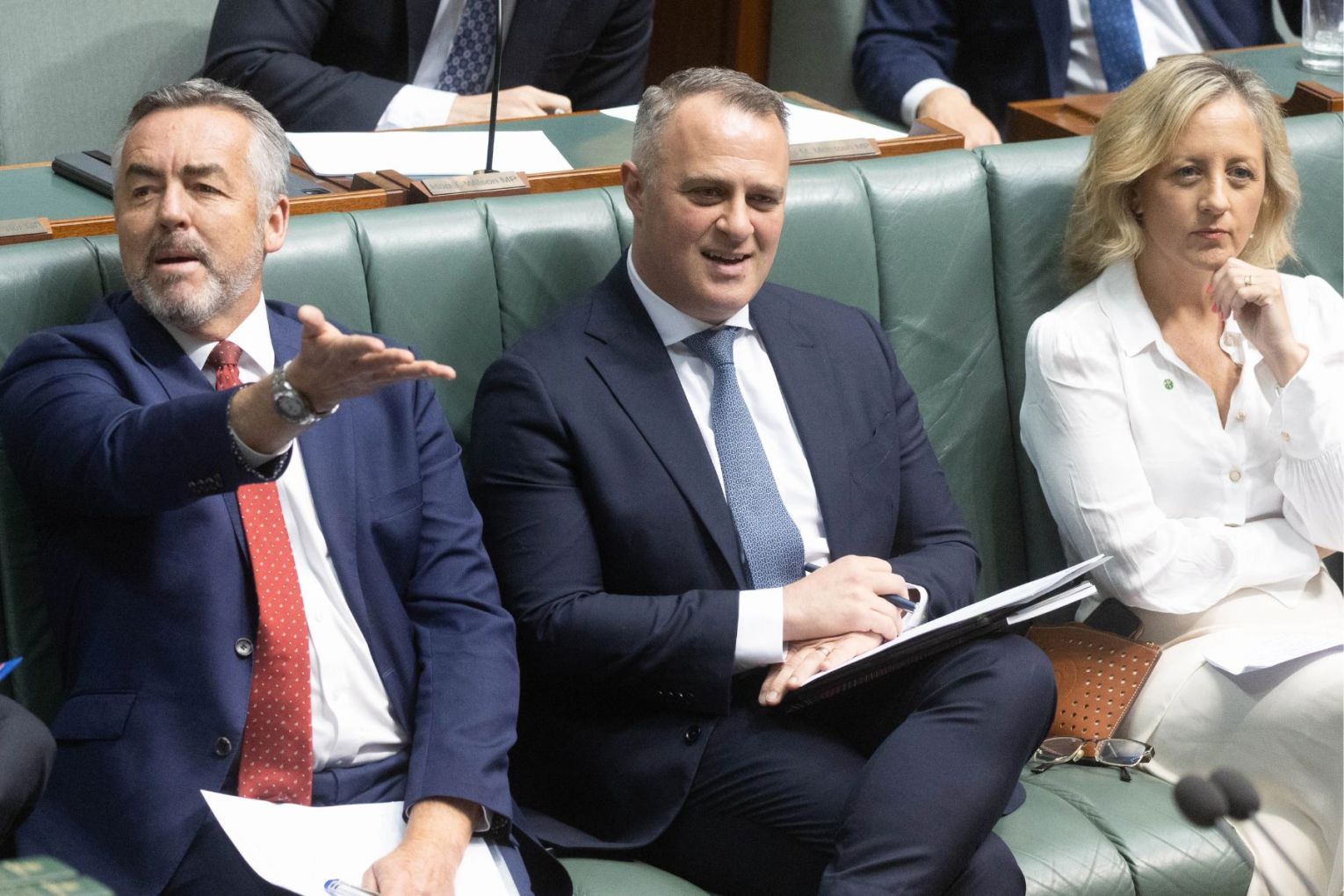 Shadow Treasurer Tim Wilson and Nationals Leader in the House Darren Chester during question time in the House of Representative Chamber of Parliament House in Canberra. Photograph by Mike Bowers. Thursday 15th October Photograph by Mike Bowers.