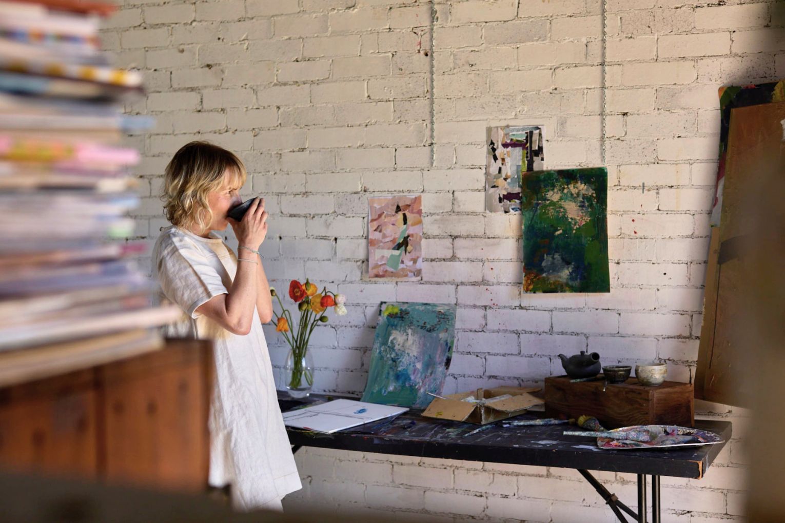 Artist and poet Jane Thompson in her studio.