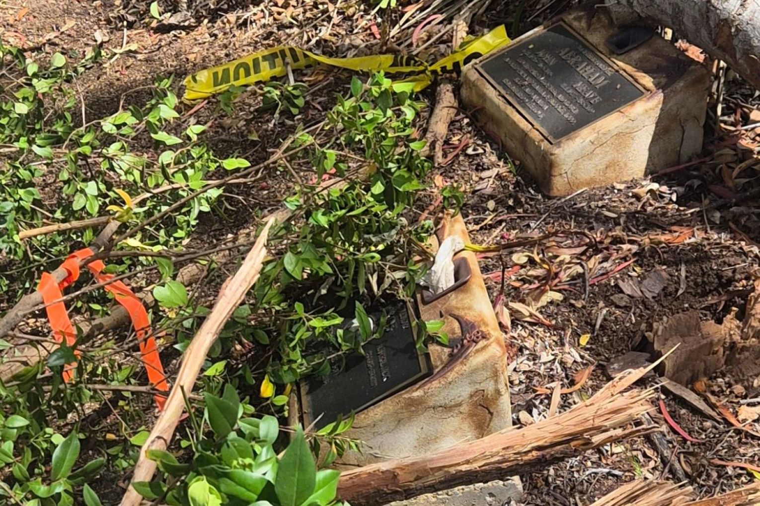 Grave sites have been left covered in damaged plant life while gifts for loved ones have been disturbed amid maintenance works. Photo: supplied