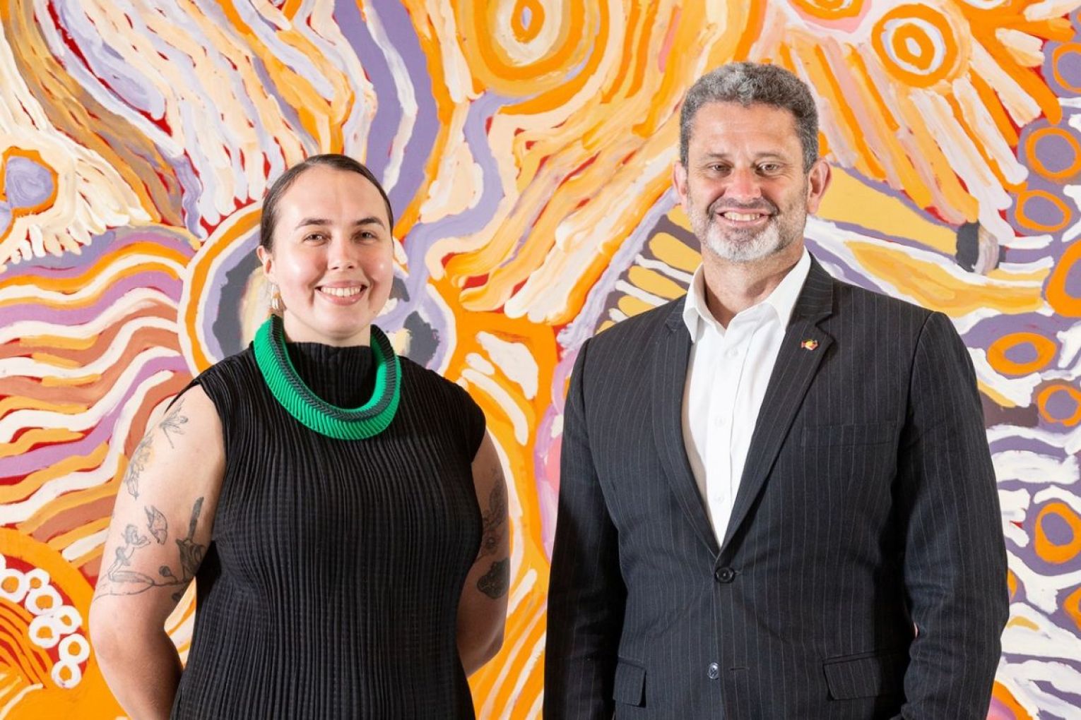 Tarnanthi festival director Zali Morgan with Deputy Premier and Arts Minister Kyam Maher. Picture: Saul Steed/supplied.